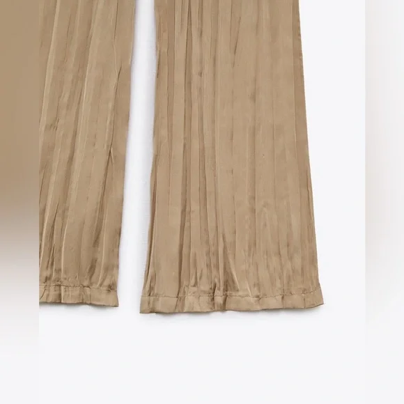 Zara Satin Pants Large Taupe Wide Leg Elastic Waist Lightweight Wrinkle Effect - Picture 8 of 16